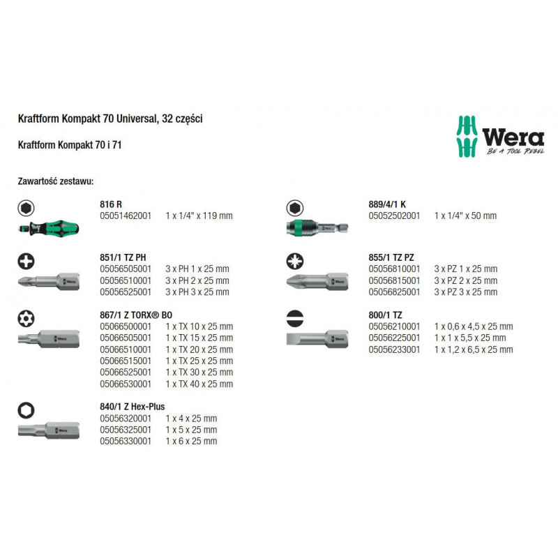 ZESTAW BITÓW 1/4" KRAFTFORM KOMPAKT 70 UNIVERSAL, WERA - 2