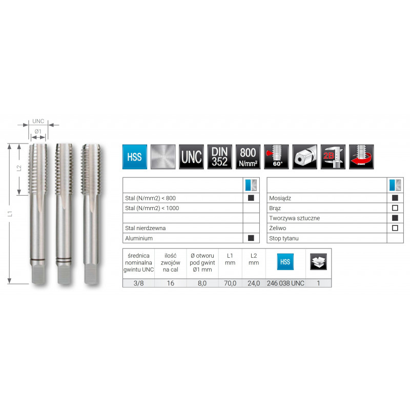 GWINTOWNIK RĘCZNY UNC 3/8"x16 (3 szt.), RUKO - 2