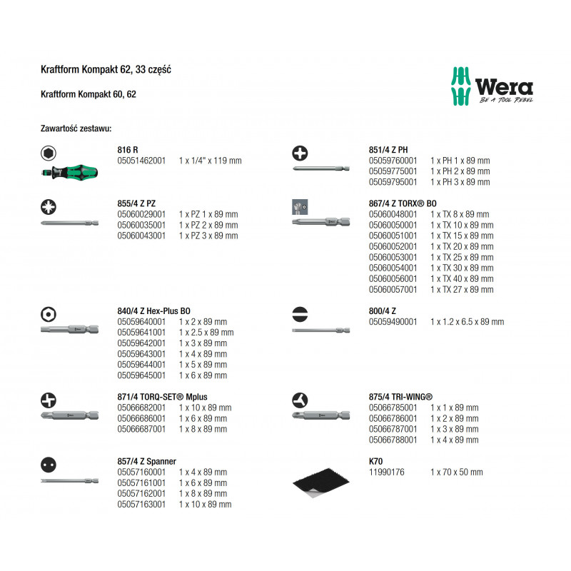 ZESTAW BITÓW 1/4" KRAFTFORM KOMPAKT 62, WERA - 2