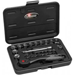 ZESTAW KLUCZY NASADOWYCH 1/4" Z AKCESORIAMI 4-13mm (23el.), VIGOR