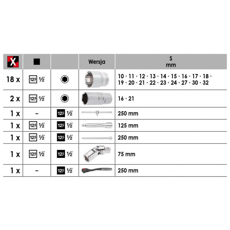 ZESTAW KLUCZY NASADOWYCH 1/2" Z AKCESORIAMI 10-32mm (25 el.), VIGOR - 2