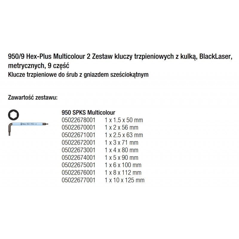 ZESTAW KLUCZY TRZPIENIOWYCH IMBUSOWYCH KRÓTKICH Z KULKĄ MULTICOLOUR 2 950SPKL/9 SM HF 1.5-10mm (9 szt.), WERA - 2